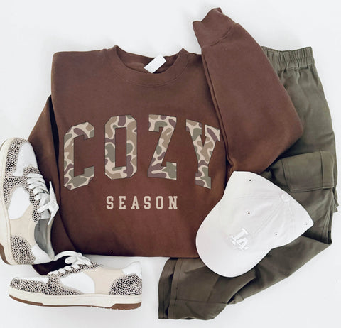 COZY SEASON CAMO GRAPHIC SWEATSHIRT IN COCOA-Graphic Sweatshirt-MODE-Couture-Boutique-Womens-Clothing