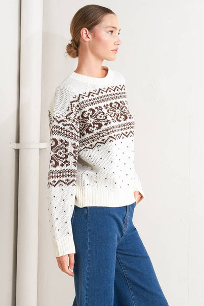 ELINE PULLOVER KNIT SWEATER IN CREAM & BROWN-Sweaters-MODE-Couture-Boutique-Womens-Clothing