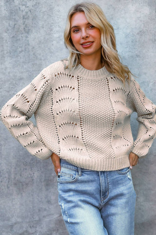 COASTAL CROCHET SCALLOP SWEATER IN OATMEAL-Sweaters-MODE-Couture-Boutique-Womens-Clothing