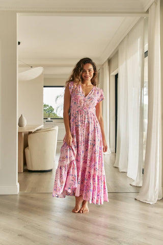 ENCHANTED BLOOMS CARMEN BUTTON DOWN MAXI DRESS IN PINK-Dresses-MODE-Couture-Boutique-Womens-Clothing