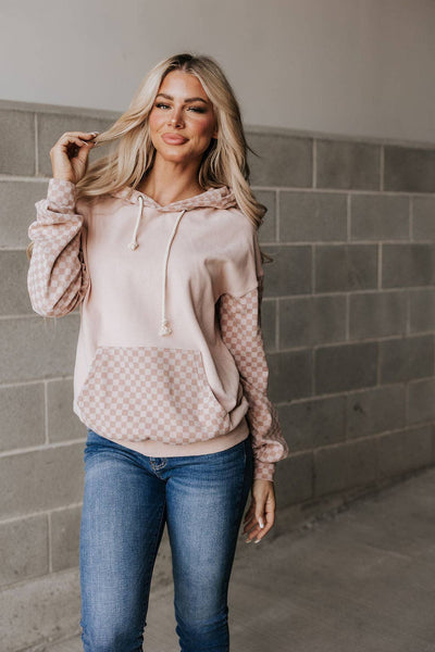 PERFORMANCE FLEECE CHECKERED UNIVERSITY HOODIE IN PINK-pullover sweatshirt-MODE-Couture-Boutique-Womens-Clothing