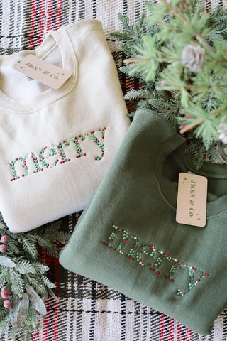 FLORAL MERRY EMBROIDERED CHRISTMAS CREWNECK IN GREEN-Graphic Sweatshirt-MODE-Couture-Boutique-Womens-Clothing