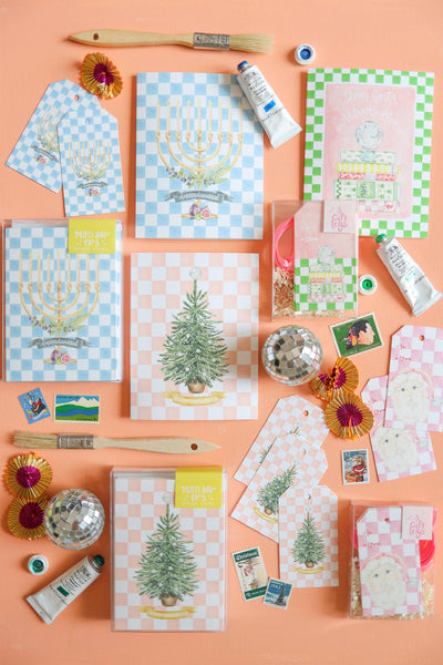Pink checker disco tree holiday gift tag set-MODE-Couture-Boutique-Womens-Clothing