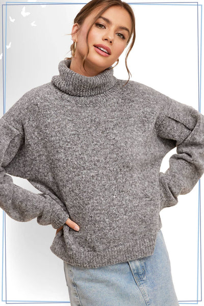 JESSA PIN TUCK LOOSE FIT LONG SLEEVE TOP IN HEATHER CHARCOAL-Sweaters-MODE-Couture-Boutique-Womens-Clothing