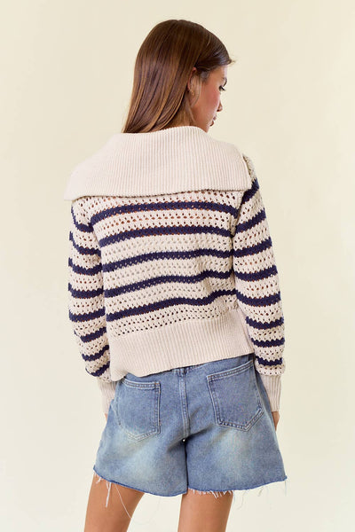 Zip-Up Striped Pointelle Open Knit Sweater Jacket-MODE-Couture-Boutique-Womens-Clothing