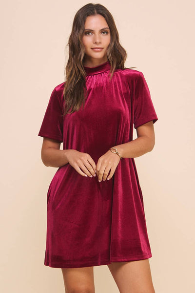 NATALIE MOCK NECK VELVET DRESS IN BURGUNDY-MODE-Couture-Boutique-Womens-Clothing