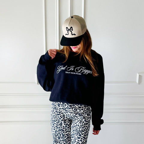 GOD IS BIGGER GRAPHIC SWEATSHIRT IN BLACK-MODE-Couture-Boutique-Womens-Clothing