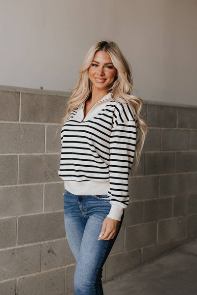 RISK TAKER 1/4 ZIP STRIPED SWEATER IN CREAM & BLACK-pullover sweatshirt-MODE-Couture-Boutique-Womens-Clothing