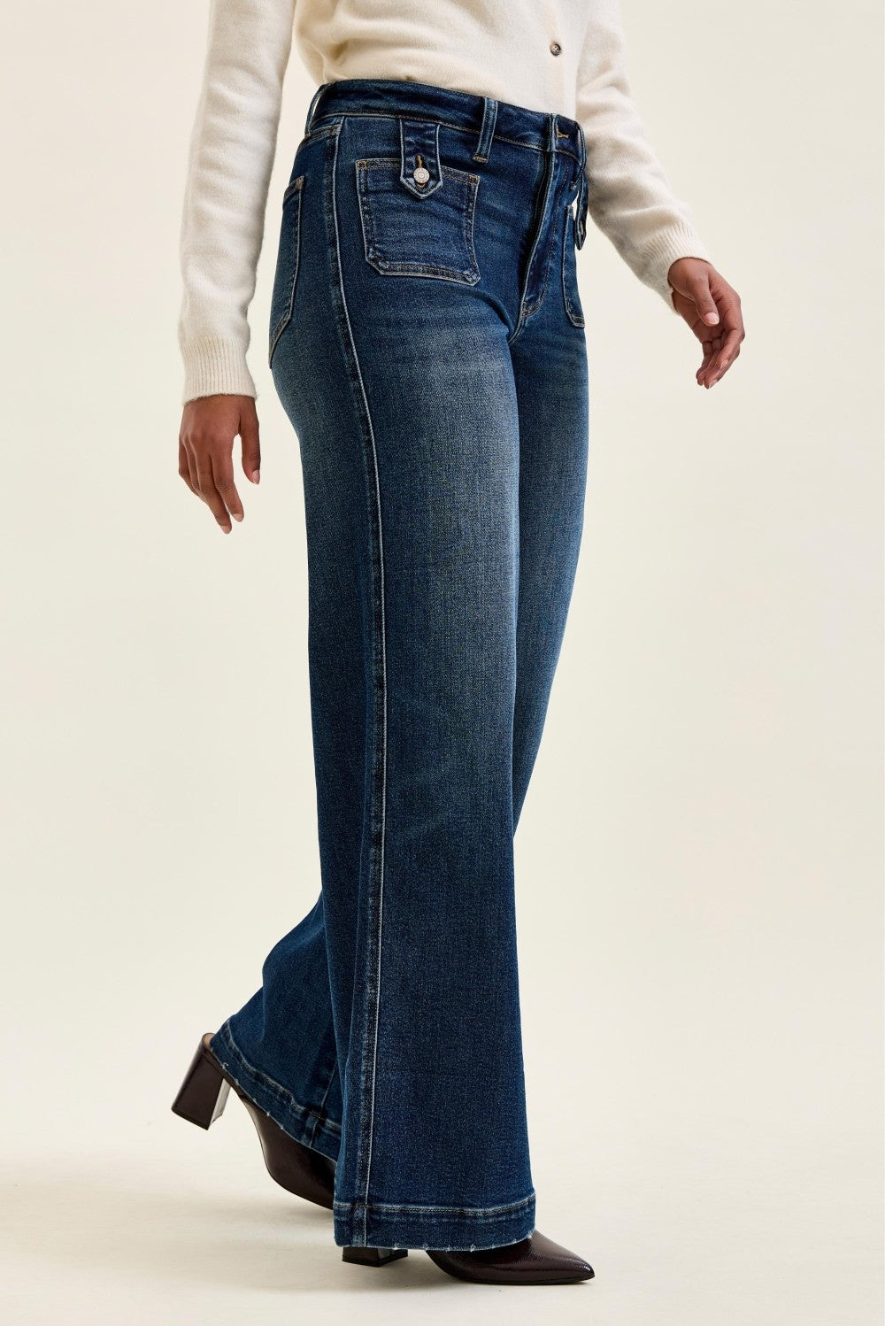 LUX RETRO HIGH RISE WITH FRONT PATCH JEANS IN DARK INDIGO
