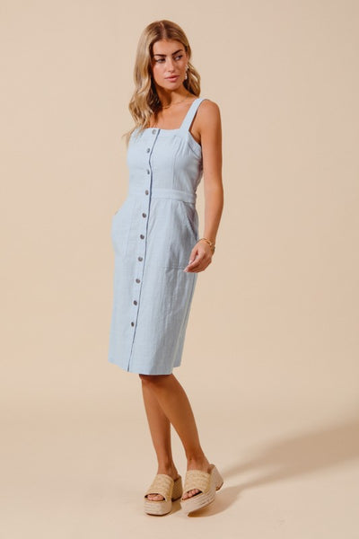 SAYRE BUTTON DOWN FRONT POCKET PINAFORE DRESS IN LIGHT DENIM-DRESS-MODE-Couture-Boutique-Womens-Clothing