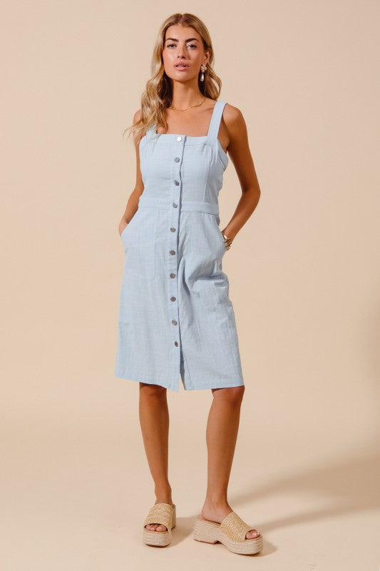 SAYRE BUTTON DOWN FRONT POCKET PINAFORE DRESS IN LIGHT DENIM-DRESS-MODE-Couture-Boutique-Womens-Clothing