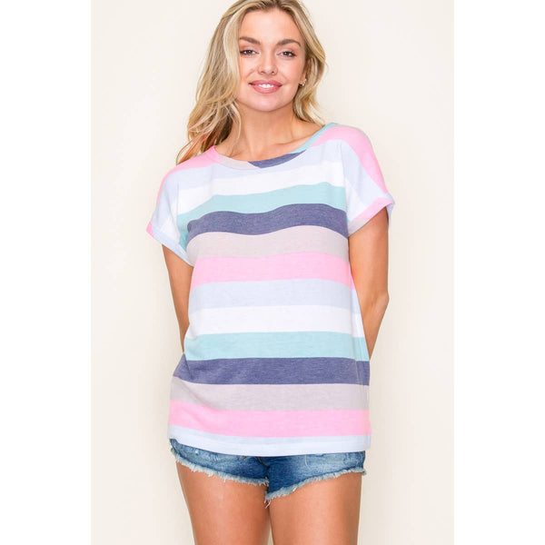 MADISON STRIPED PASTEL RELAXED FIT TEE IN MULTI-Tops-MODE-Couture-Boutique-Womens-Clothing