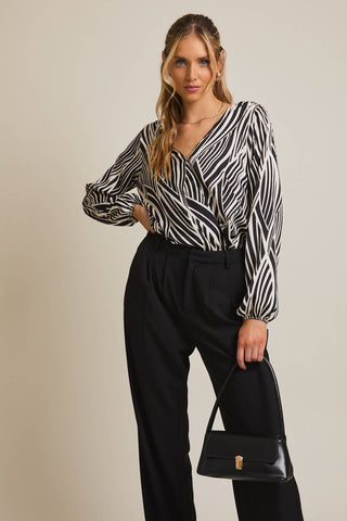JALISA ABSTRACT SURPLICE BODYSUIT IN WHITE/BLACK-bodysuits-MODE-Couture-Boutique-Womens-Clothing