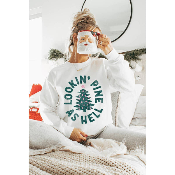 LOOKIN PINE AS HELL VINTAGE GRAPHIC SWEATSHIRTS: WHITE / L-MODE-Couture-Boutique-Womens-Clothing