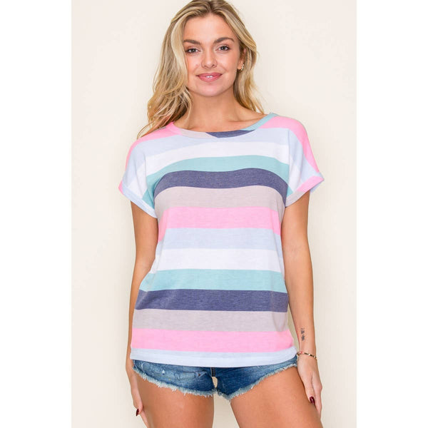 MADISON STRIPED PASTEL RELAXED FIT TEE IN MULTI-Tops-MODE-Couture-Boutique-Womens-Clothing