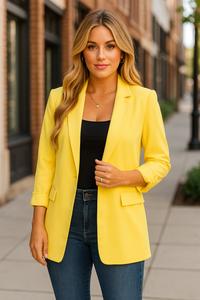 WEEKEND PREP ROLL-UP 3/4 SLEEVE OPEN BLAZER IN LEMON-BLAZERS-MODE-Couture-Boutique-Womens-Clothing