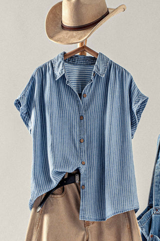 BEACH WALKING STRIPE BUTTON DOWN SHIRT IN CHAMBRAY-Shirts & Tops-MODE-Couture-Boutique-Womens-Clothing