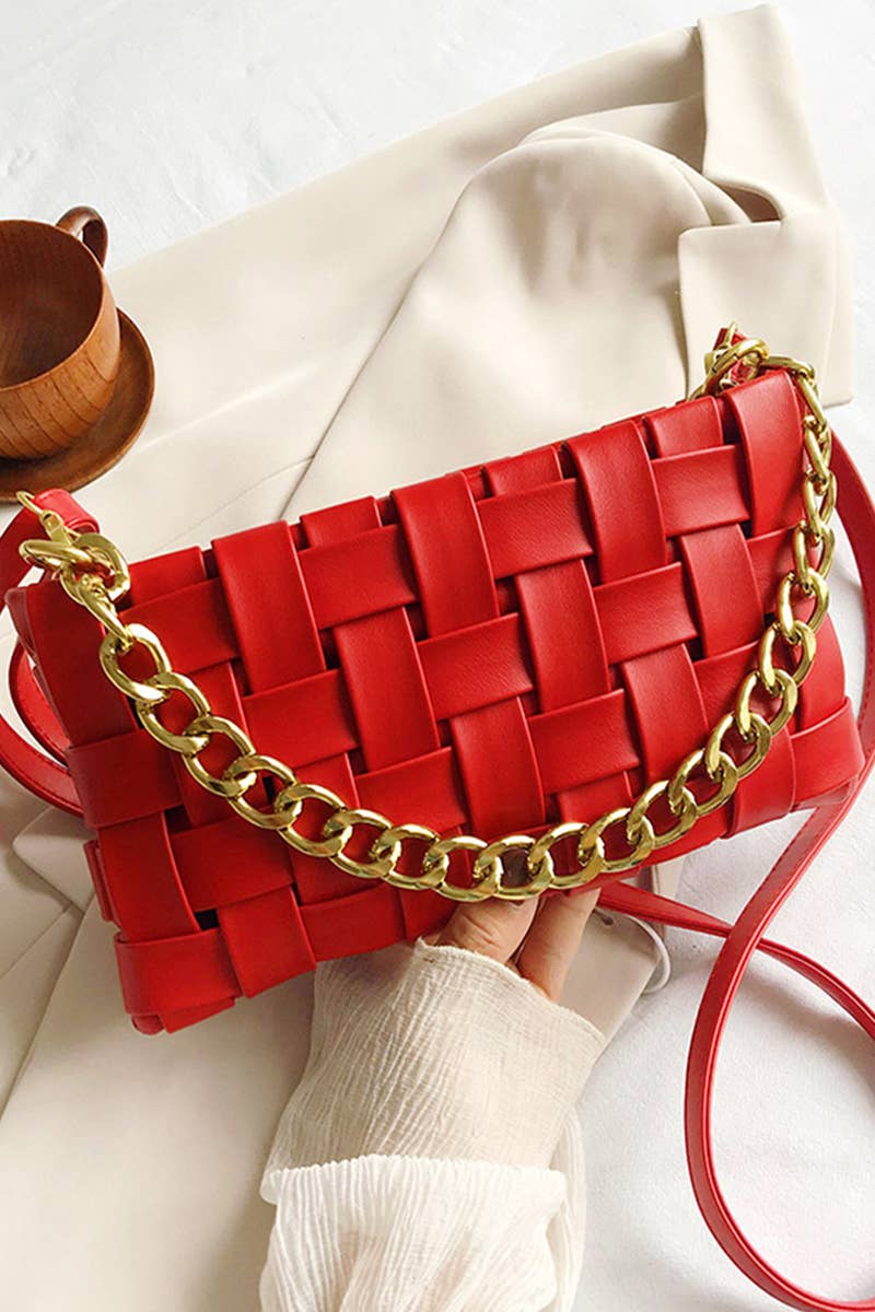 VEGAN LEATHER WEAVED CROSSBODY SHOULDER BAG IN RED-PURSES-MODE-Couture-Boutique-Womens-Clothing