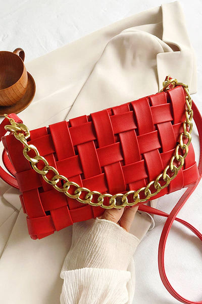 VEGAN LEATHER WEAVED CROSSBODY SHOULDER BAG IN RED-PURSES-MODE-Couture-Boutique-Womens-Clothing