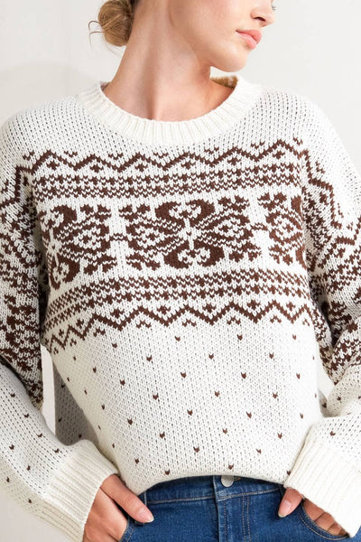 ELINE PULLOVER KNIT SWEATER IN CREAM & BROWN-Sweaters-MODE-Couture-Boutique-Womens-Clothing