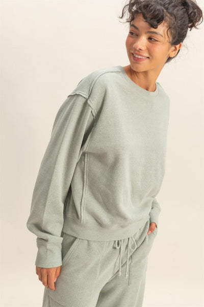 SUNDAY SOCIAL BURNOUT FRENCH TERRY RAW EDGE SWEATSHIRT IN SAGE GREEN-Athleisure-MODE-Couture-Boutique-Womens-Clothing