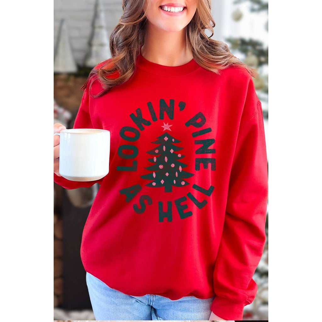 LOOKIN PINE AS HELL VINTAGE GRAPHIC SWEATSHIRTS: WHITE / L-MODE-Couture-Boutique-Womens-Clothing