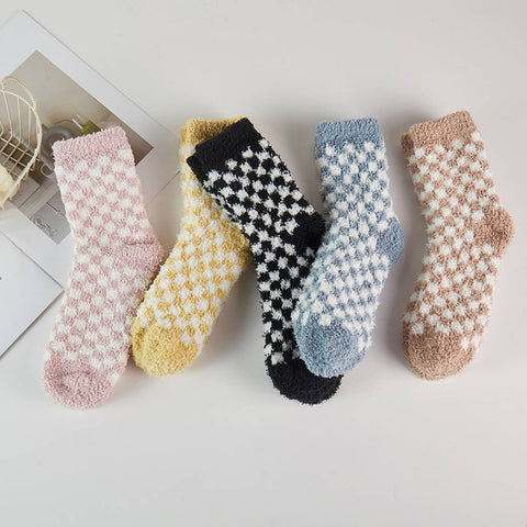 Checkerboard Pattern Fuzzy Winter Socks: 12 ASSORTED COLORS / One Size-MODE-Couture-Boutique-Womens-Clothing