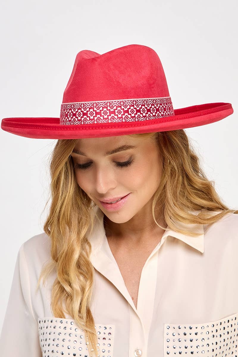 Boho Band Beveled Western Cowboy Fedora Hat In Red-hat-MODE-Couture-Boutique-Womens-Clothing
