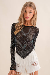 THE NOVA MESH STUDDED RHINSTONE TOP IN BLACK-LONG SLEEVE TOP-MODE-Couture-Boutique-Womens-Clothing