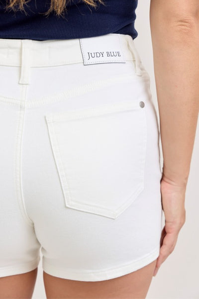 JUDY BLUE HW SLIM DENIM SHORTS IN WHITE-SHORTS-MODE-Couture-Boutique-Womens-Clothing