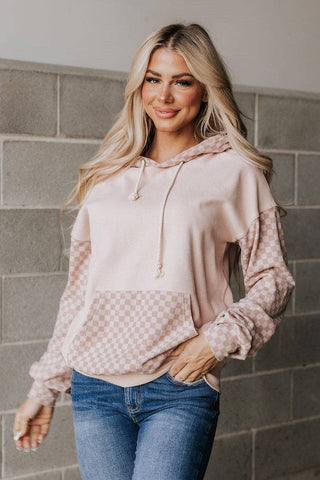 PERFORMANCE FLEECE CHECKERED UNIVERSITY HOODIE IN PINK-pullover sweatshirt-MODE-Couture-Boutique-Womens-Clothing