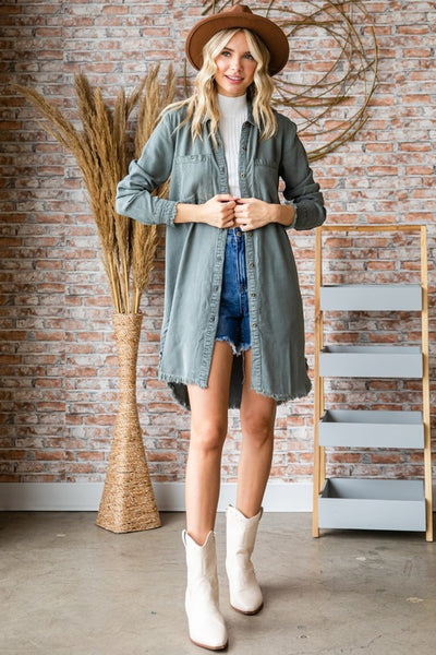 DRIVE ME CRAZY CHAMBRAY BUTTON DOWN SHIRT DRESS IN OLIVE-Shirts & Tops-MODE-Couture-Boutique-Womens-Clothing