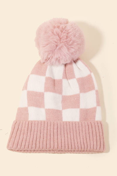 CHECKERED PATTERN POM BEANIE (MULTI)-hat-MODE-Couture-Boutique-Womens-Clothing