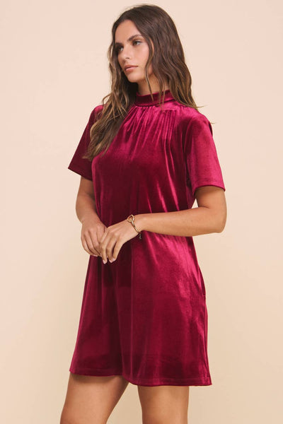 NATALIE MOCK NECK VELVET DRESS IN BURGUNDY-MODE-Couture-Boutique-Womens-Clothing