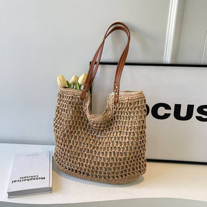 BEACH VACATION CASUAL SHOULDER WOVEN BAG_CWAB2310: KHAKI / (OS) 1-MODE-Couture-Boutique-Womens-Clothing