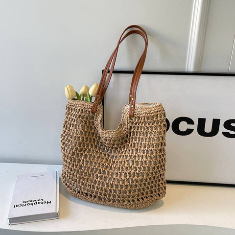 BEACH VACATION CASUAL SHOULDER WOVEN BAG_CWAB2310: KHAKI / (OS) 1-MODE-Couture-Boutique-Womens-Clothing