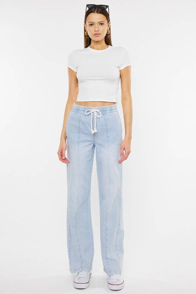 KANCAN HIGH RISE ELASTIC BAND WIDE LEG JEANS IN LIGHT STONE-Jeans-MODE-Couture-Boutique-Womens-Clothing