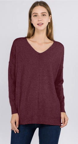 BROOKLYNN FRONT SEAM HI-LOW SWEATER IN HEATHER WILDBERRY-Sweaters-MODE-Couture-Boutique-Womens-Clothing