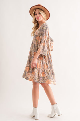 MEMPHIS EVE V-NECK FLORAL PRINT DRESS IN BEIGE COMBO-MODE-Couture-Boutique-Womens-Clothing