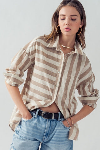 DOLLY STRIPED ROLL UP SLEEVE BUTTON DOWN BLOUSE SHIRT IN TAUPE-Shirts & Tops-MODE-Couture-Boutique-Womens-Clothing