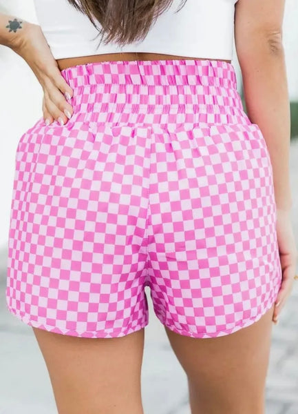 RIGHT TIMING CHECKERED ATHLETIC SHORTS IN PINK-SHORTS-MODE-Couture-Boutique-Womens-Clothing