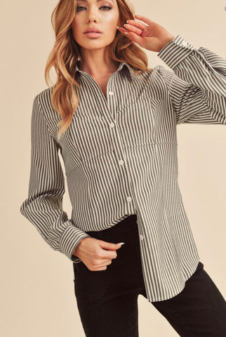 MISA STRIPED BUTTON DOWN CORSET DETAIL TOP IN BLACK-MODE-Couture-Boutique-Womens-Clothing