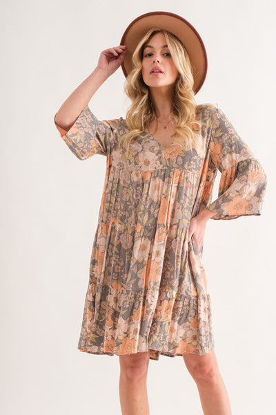 MEMPHIS EVE V-NECK FLORAL PRINT DRESS IN BEIGE COMBO-MODE-Couture-Boutique-Womens-Clothing