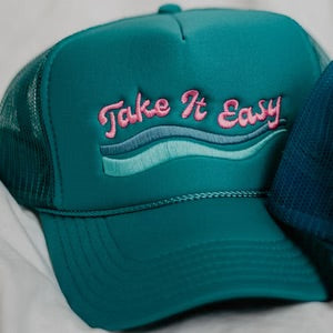 TAKE IT EASY TRUCKER HAT IN TEAL-MODE-Couture-Boutique-Womens-Clothing