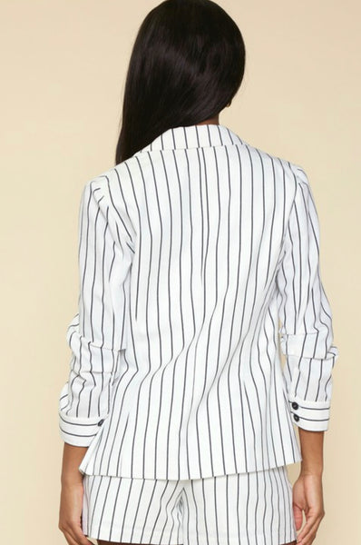 CHANGE MY MIND STRIPED RUCHED SLEEVE BLAZER IN WHITE & BLACK COMBO-MODE-Couture-Boutique-Womens-Clothing