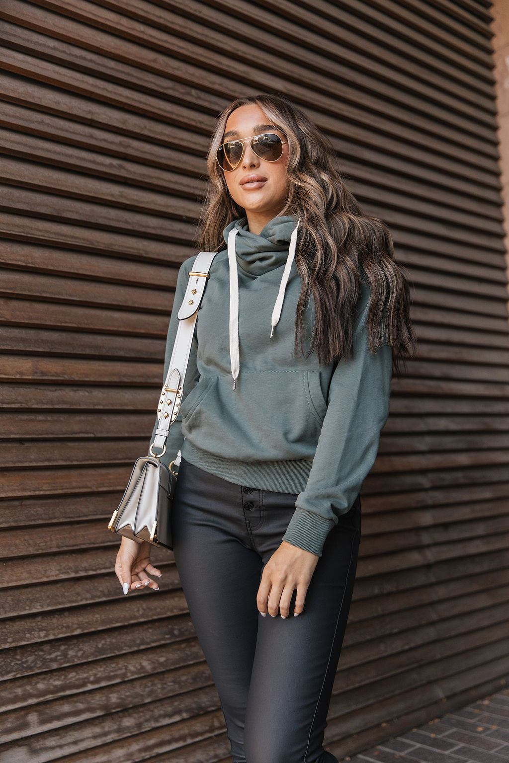 AMPERSAND AVE ELEVATED CROSSOVER SWEATSHIRT IN HUNTER-MODE-Couture-Boutique-Womens-Clothing