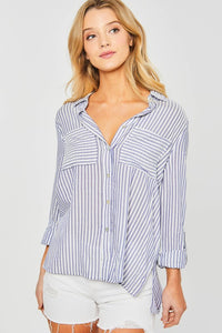 DOLLY STRIPED ROLL UP SLEEVE BUTTON DOWN BLOUSE SHIRT IN BLUE-Shirts & Tops-MODE-Couture-Boutique-Womens-Clothing