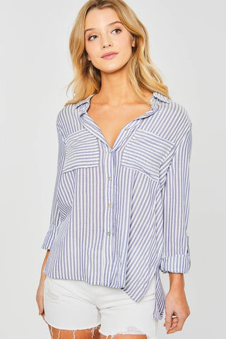 DOLLY STRIPED ROLL UP SLEEVE BUTTON DOWN BLOUSE SHIRT IN BLUE-Shirts & Tops-MODE-Couture-Boutique-Womens-Clothing