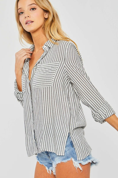 DOLLY STRIPED ROLL UP SLEEVE BUTTON DOWN BLOUSE SHIRT IN BLACK-Shirts & Tops-MODE-Couture-Boutique-Womens-Clothing