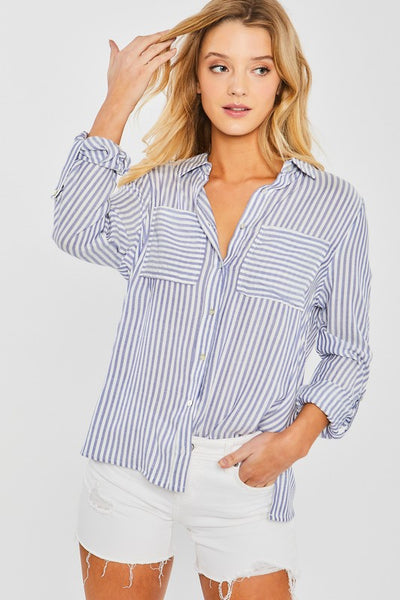 DOLLY STRIPED ROLL UP SLEEVE BUTTON DOWN BLOUSE SHIRT IN BLUE-Shirts & Tops-MODE-Couture-Boutique-Womens-Clothing